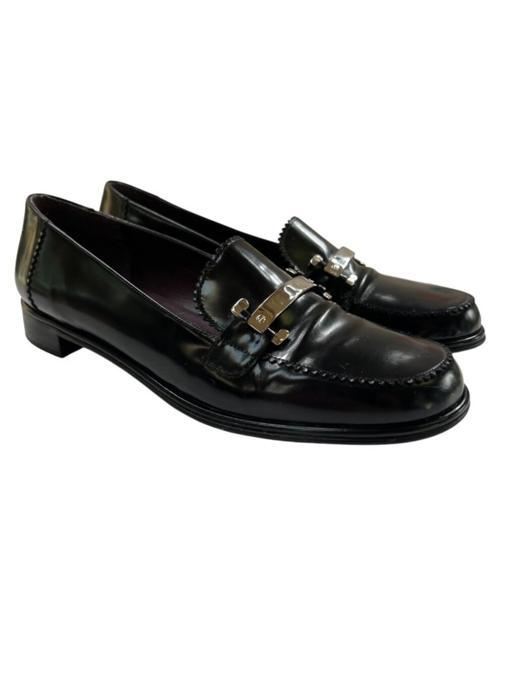 Stuart Weitzman Women's Black Leather Loafers With Silver Buckle Detail Size 9.5